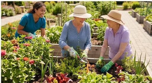 Residents tending the community flower and vegetable garden